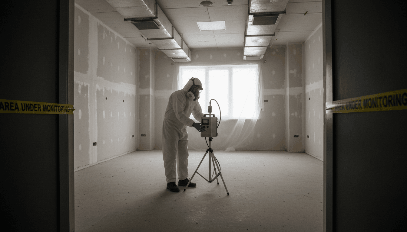 Air quality test equipment set up in a room after asbestos removal