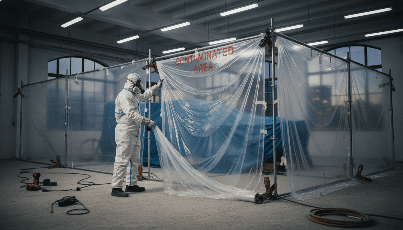 Worker in protective gear sealing a room with plastic sheeting for asbestos containment