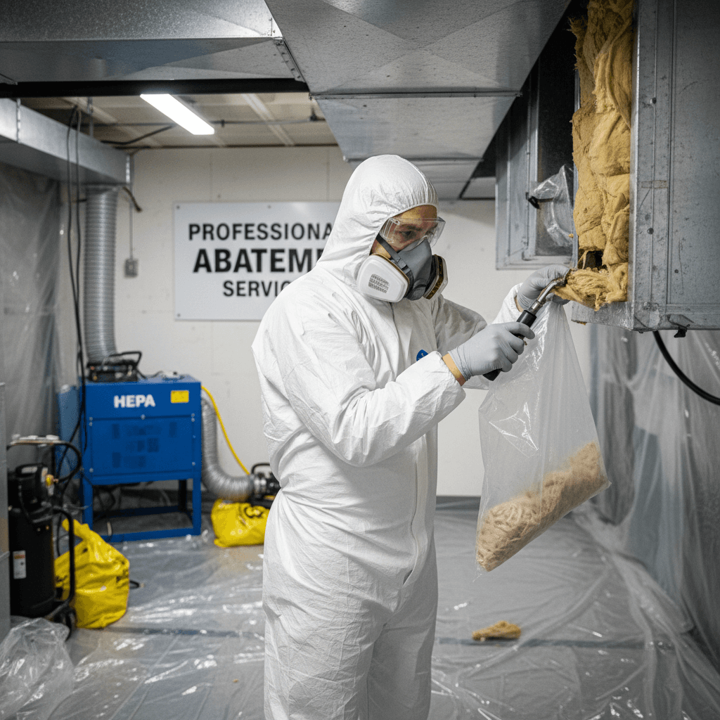 Technician in protective gear removing pipe insulation in a clean, well-lit basement