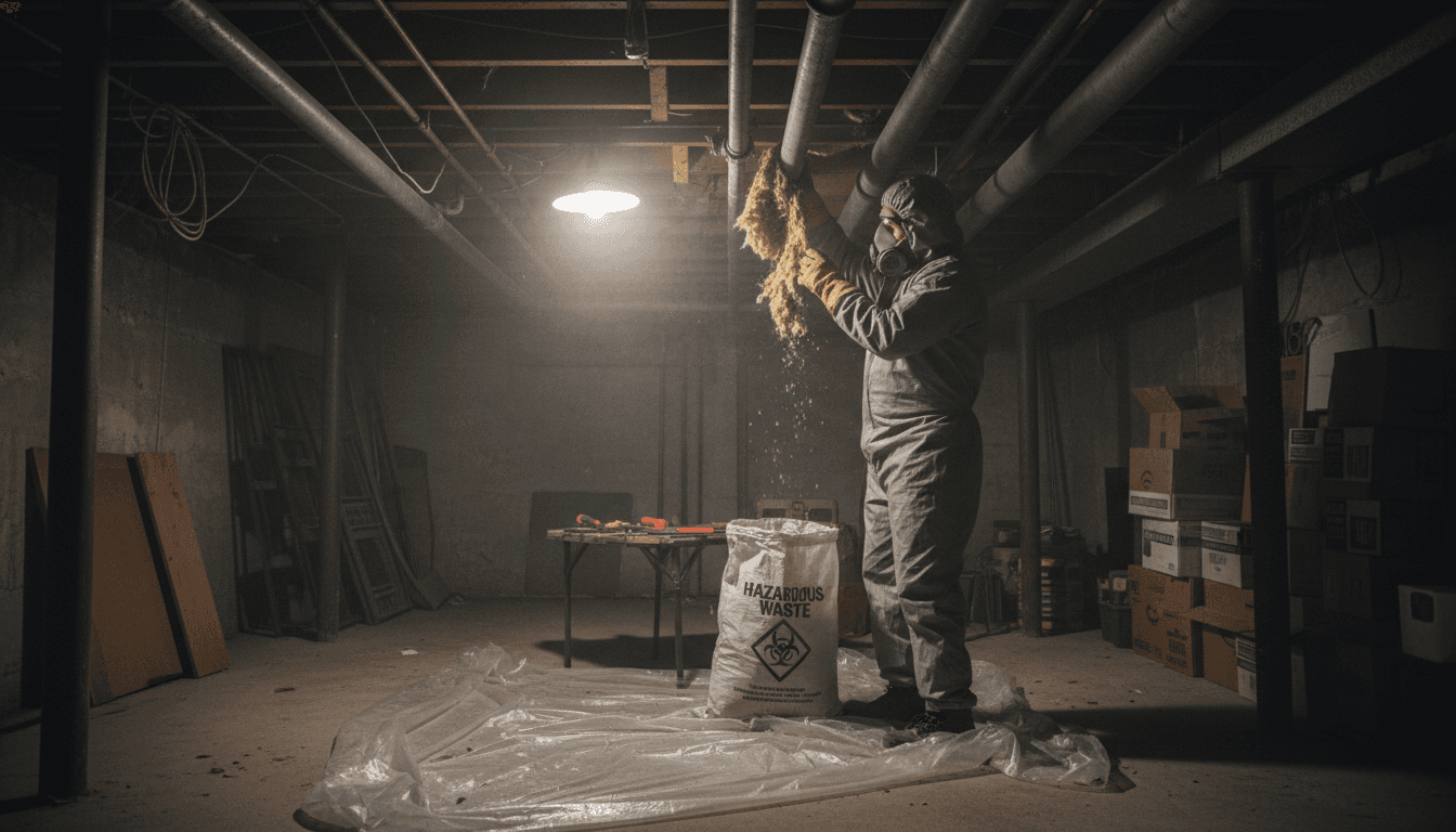 Technician removing old asbestos insulation from a pipe in a residential basement