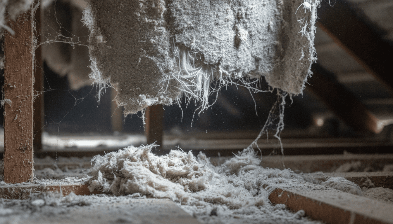 Close-up of aged asbestos insulation material in an attic space showing fibrous texture