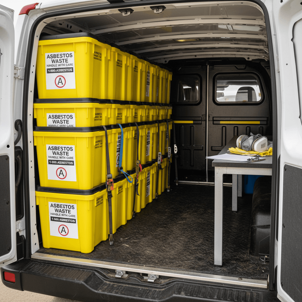 Stacked asbestos waste containers labelled for disposal in a work van