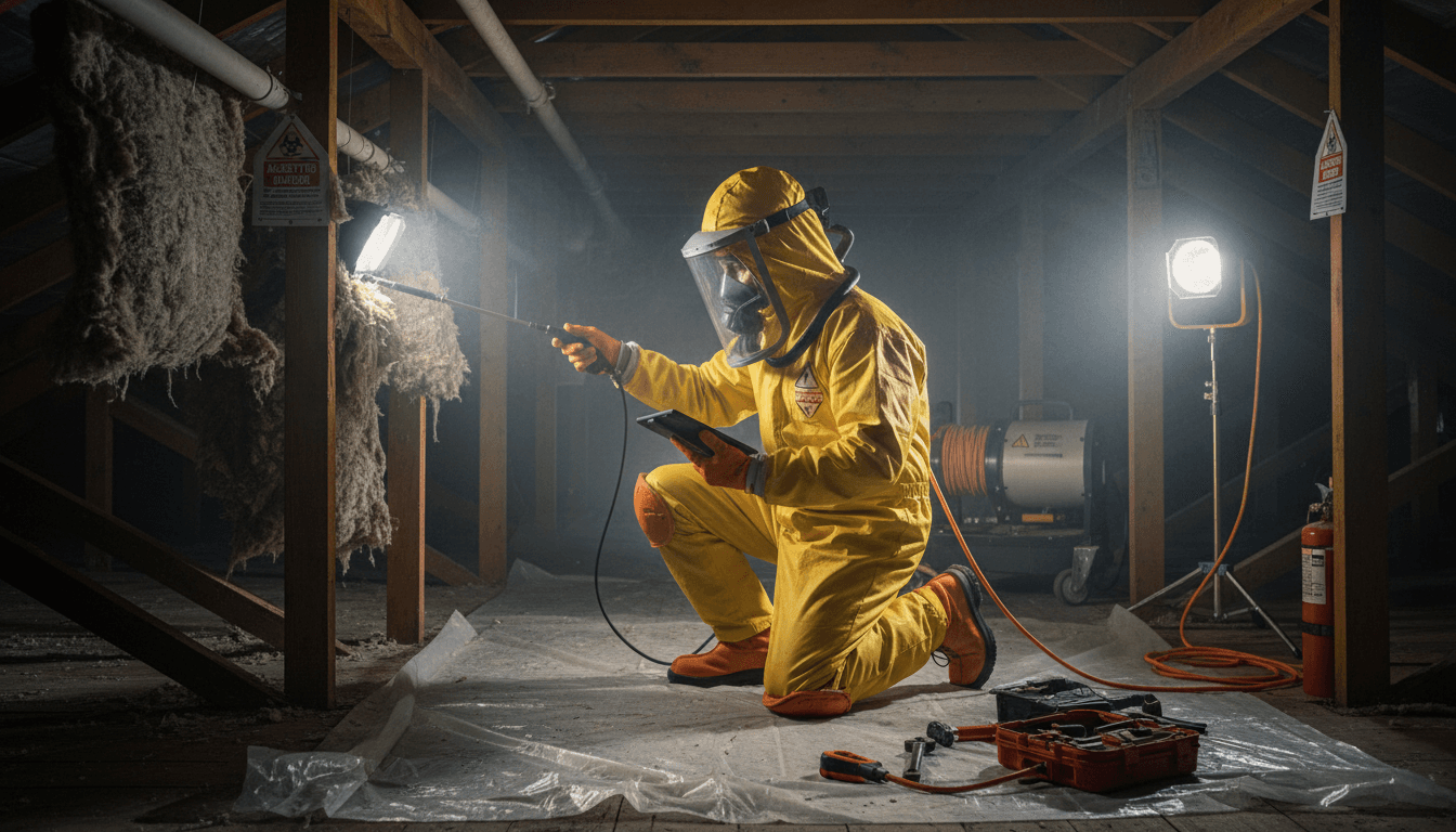 Worker in protective gear inspecting an attic for asbestos