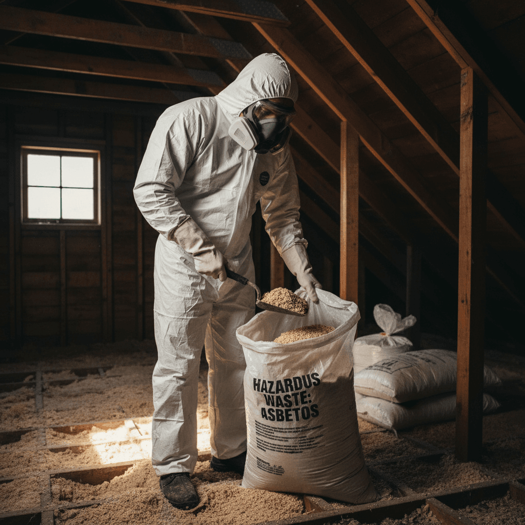 Worker in protective suit removing vermiculite insulation from an attic in a safe, clean manner