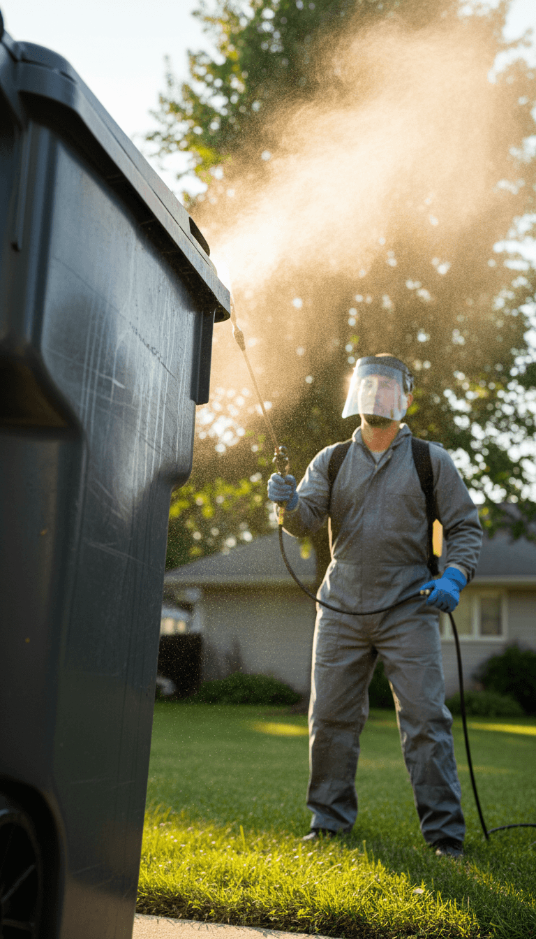 Technician operating a fogging machine in an empty basement room