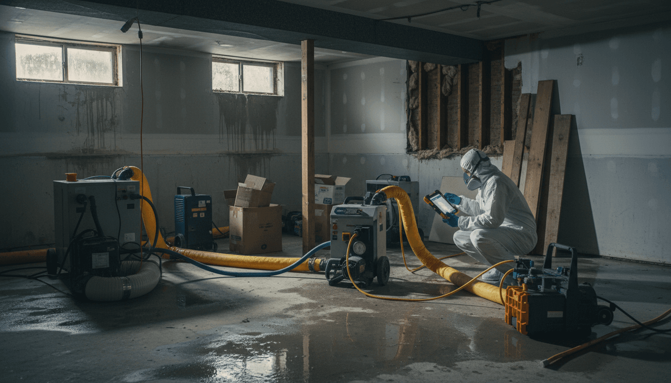 Worker removing damaged drywall from a basement ceiling
