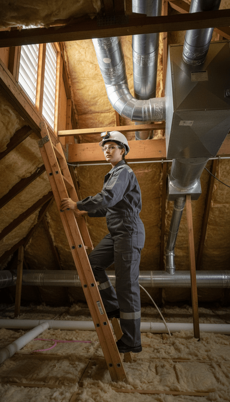 Abatement worker cleaning insulation from a ceiling soffit