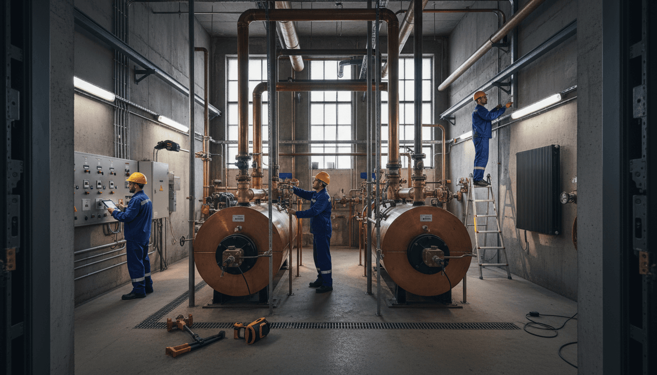 Workers in hazmat suits removing asbestos lagging from large pipes in a boiler room