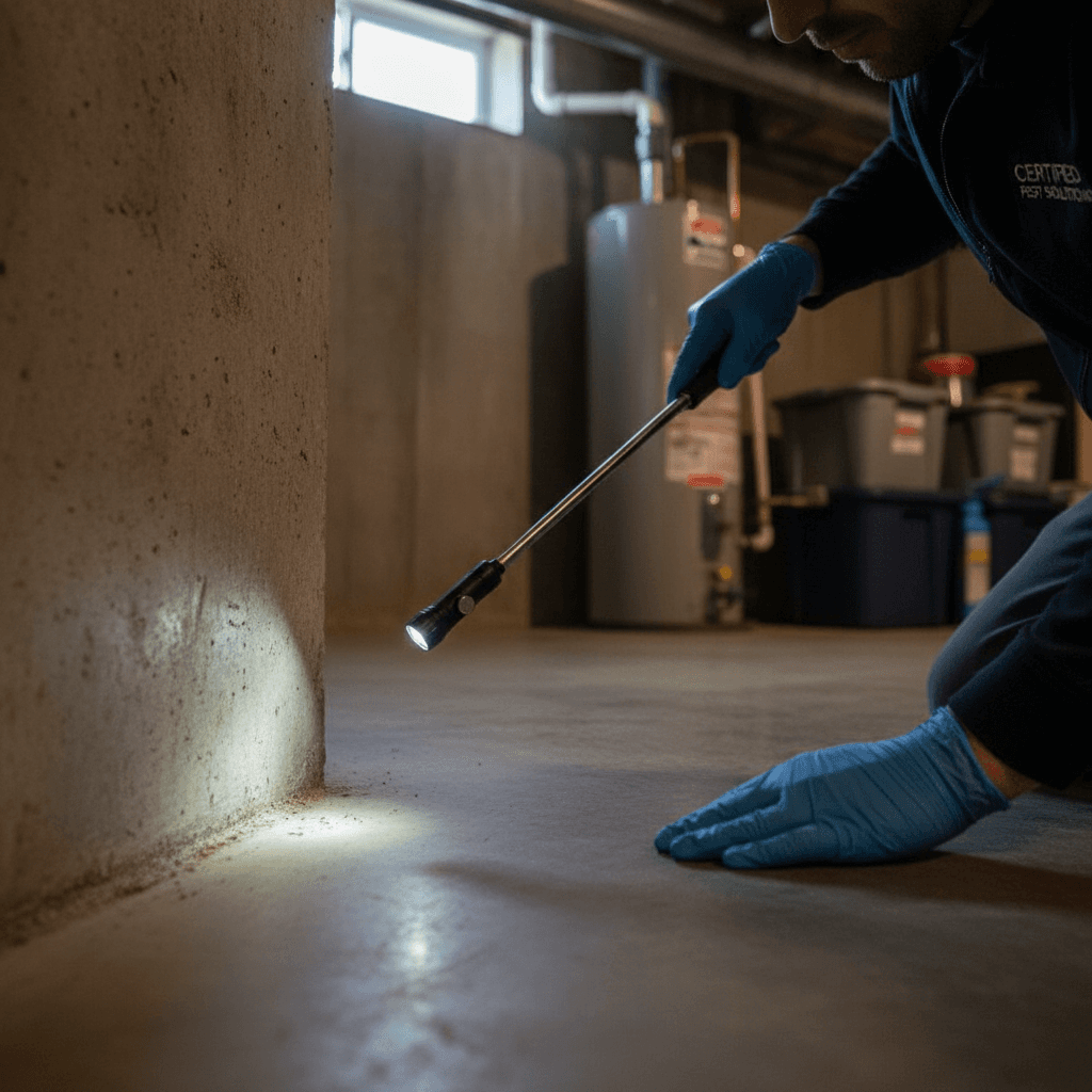 Worker in hazmat suit sealing plastic sheeting around a basement doorway