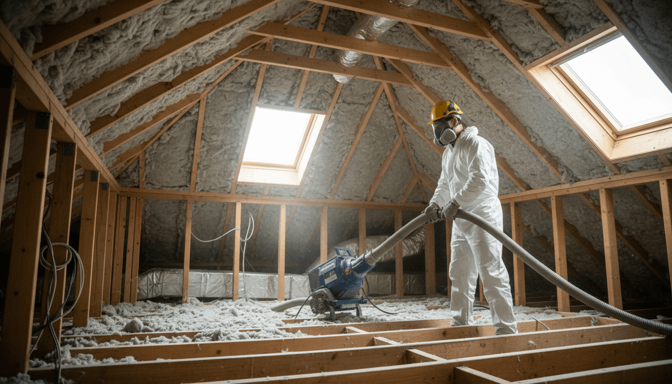 Safety-suited worker in a dusty attic removing vermiculite insulation