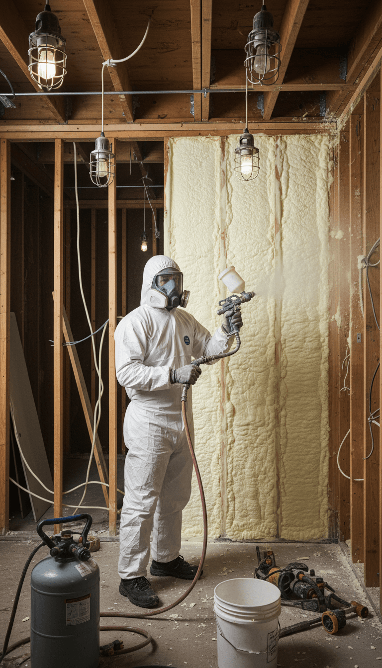Worker in protective gear inspecting attic insulation
