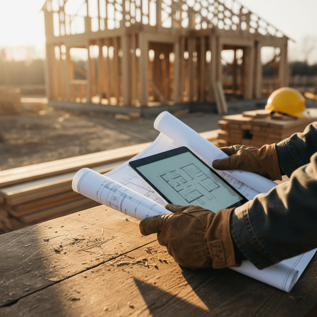 Detail shot of hands reviewing abatement paperwork and floor plan on a clean desk